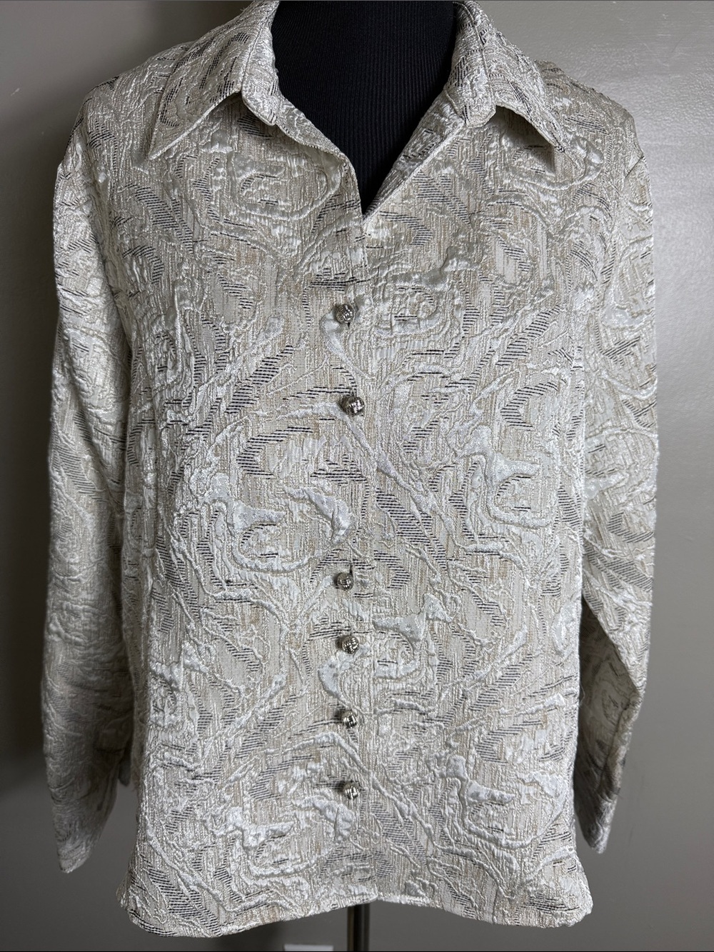 Vintage Coldwater Creek Metallic Jacquard Textured Cream Shirt Jacket Sz PXL